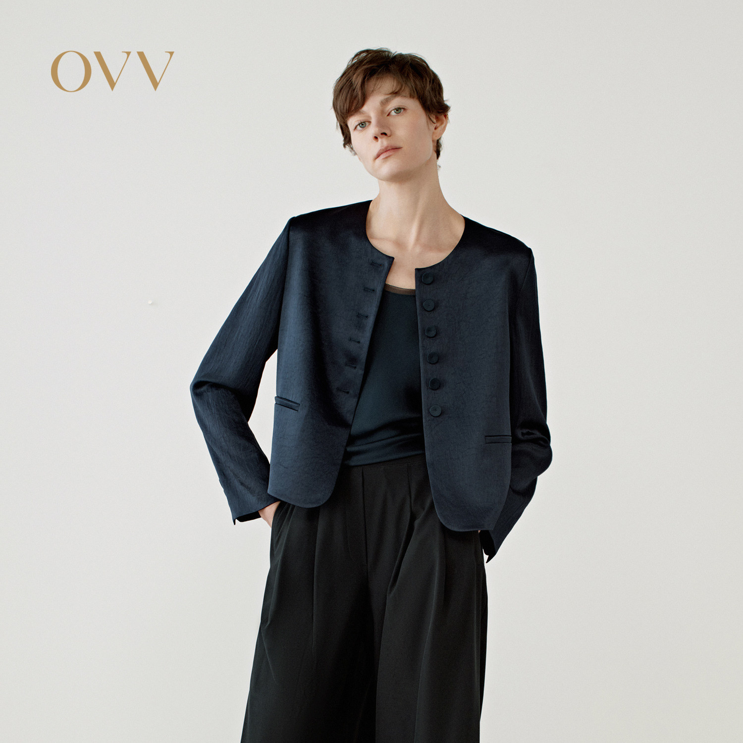 OVV2025春夏新款女装淡人日本进口缎面醋酸圆领直筒夹克外套,女装/女士精品,短外套,淘宝优惠券,粉丝福利购,淘宝优惠卷