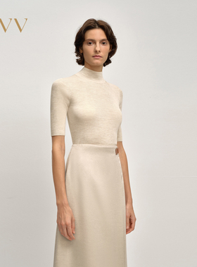 【黄金羊毛】OVV2025秋冬新款女装舒弹半高领简约短袖针织衫