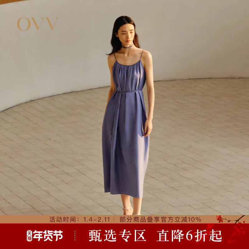 OVV2025春夏新款女装18MM斜纹真丝仿牛仔印花吊带连衣裙