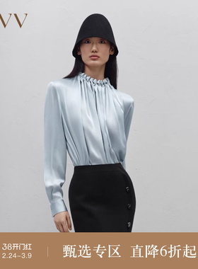 OVV秋冬新款女装20MM缎面绉手工缝制花苞褶饰真丝衬衫上衣