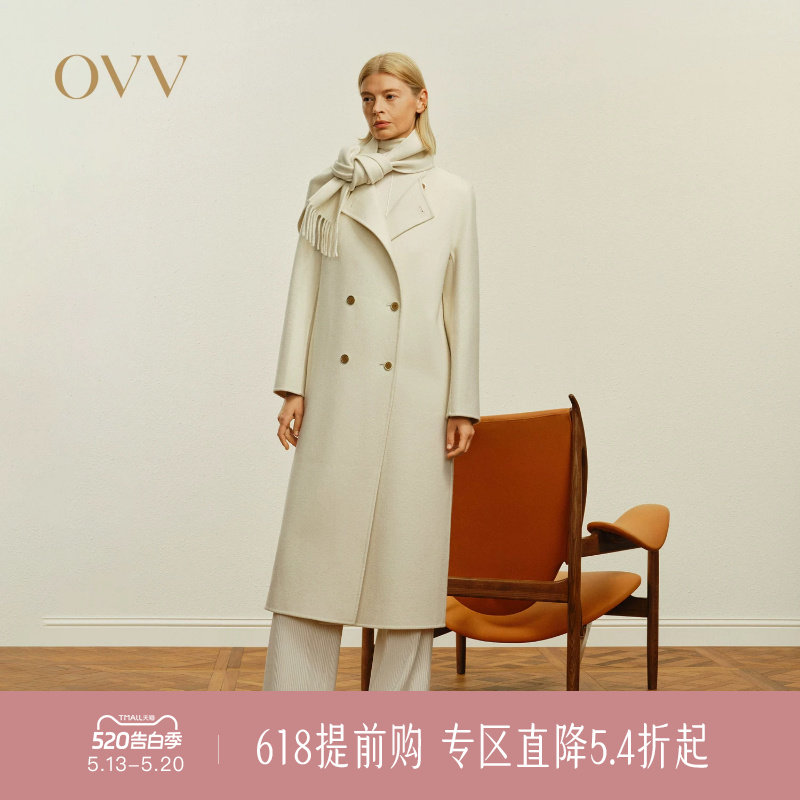 OVV秋冬热卖女装随附围巾中长羊毛双排扣双面呢大衣