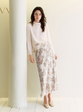 OVV2025秋冬新款女装素净优雅简约印花醋酸大裙摆半身裙