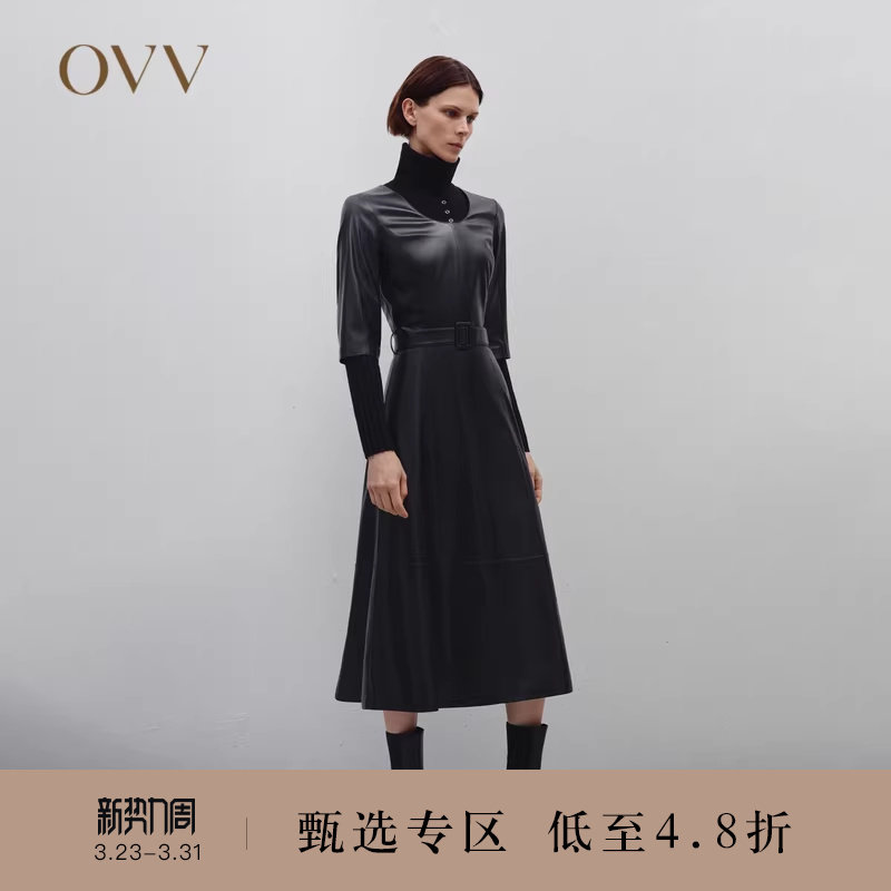 OVV秋冬新款女装U领中袖随附腰带中长款小黑裙连衣裙