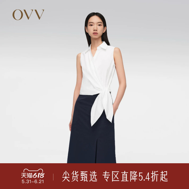 OVV春夏热卖女装棉弹面料打结设计经典翻领围裹式无袖衬衫