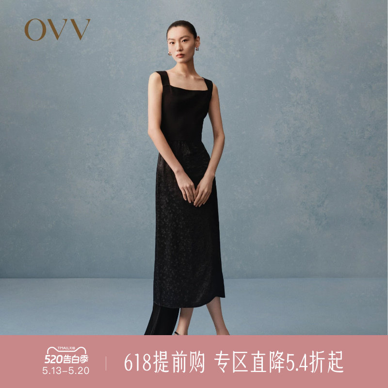 OVV春夏热卖女装方领宽肩带小黑裙优雅简约无袖连衣裙