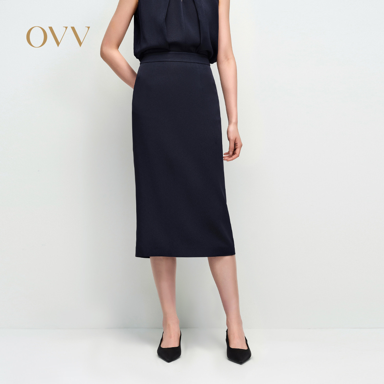 OVV2025春夏新款女装淡人醋酸混纺优雅休闲通勤直筒半身裙