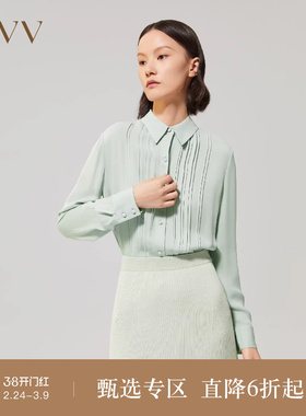 【重磅真丝】OVV秋冬女装19姆米双乔翻领百褶长袖衬衫