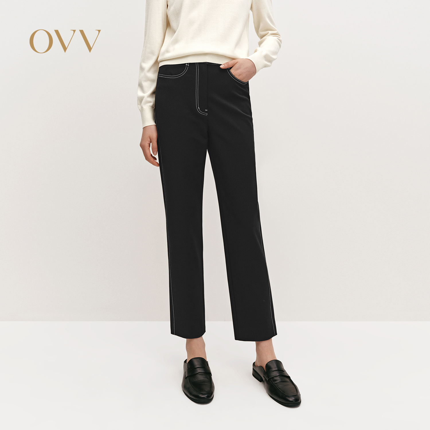 OVV秋冬热卖女装经典易搭明线装饰简约舒适休闲烟管裤