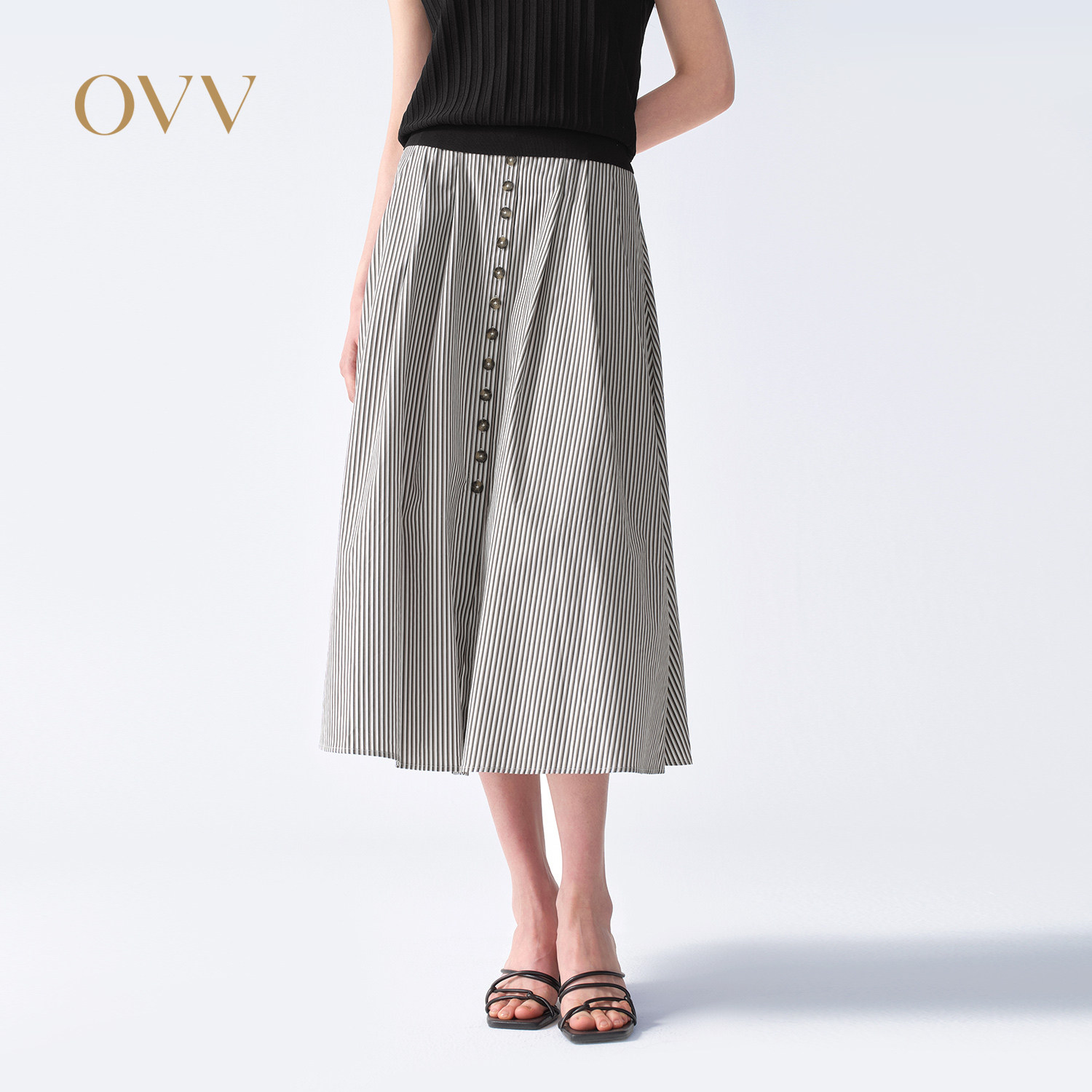 OVV2026春夏新款女装纽扣装饰条纹设计休闲A字半身裙
