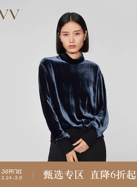 OVV秋冬新款女装精致丝绒罗纹镶拼半高领休闲长袖上衣