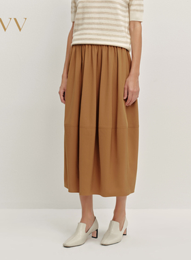 OVV2025秋冬新款女装松紧腰拼接中长花苞裙设计感半身裙