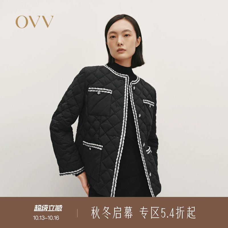 OVV秋冬热卖女装时髦精致圆领粗花呢轻薄羽绒服外套