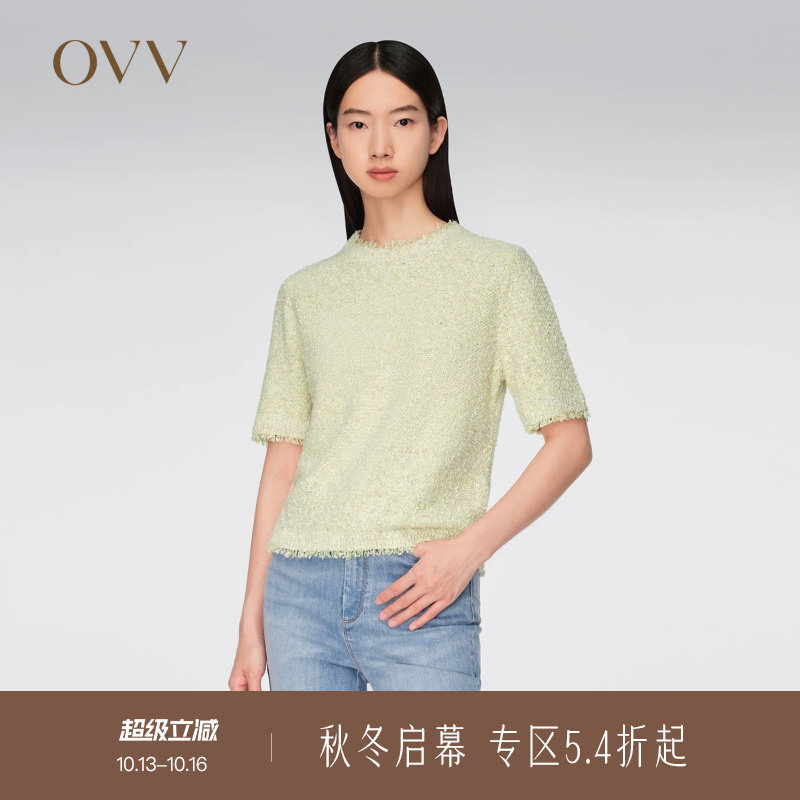 OVV春夏热卖女装粗花呢风格时尚休闲圆领花纱短袖针织衫