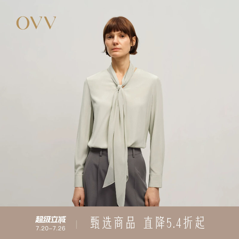 【重磅真丝】OVV秋冬新款女装24MM双绉飘带领长袖衬衫