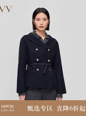 OVV秋冬新款女装经典海军领复古双排扣配腰带短款大衣