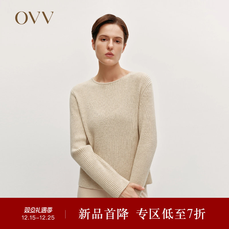OVV秋冬热卖女装羊毛羊绒混纺圆领竖条纹肌理长袖针织衫