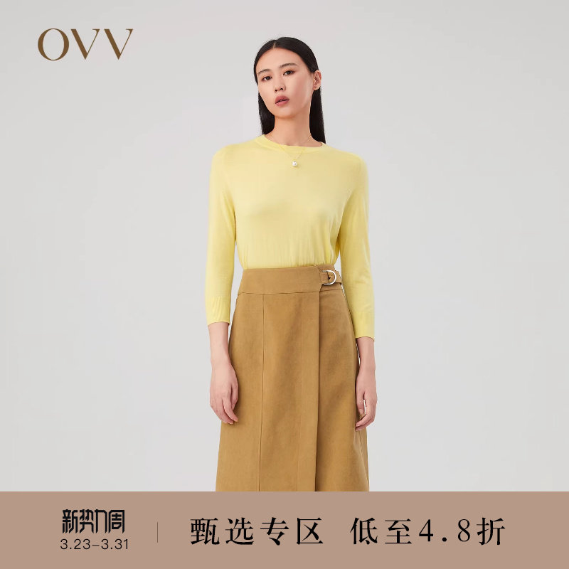 OVV秋冬新款女装丝羊绒马鞍肩经典圆领七分袖针织衫