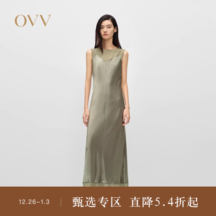 OVV2025春夏新款 圆领雪纺纱拼接吊带缎面醋酸连衣裙 女装