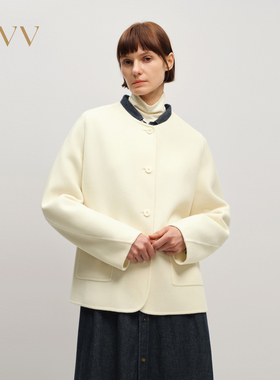 OVV2025秋冬新款女装经典圆领休闲圆弧下摆短款羊毛大衣