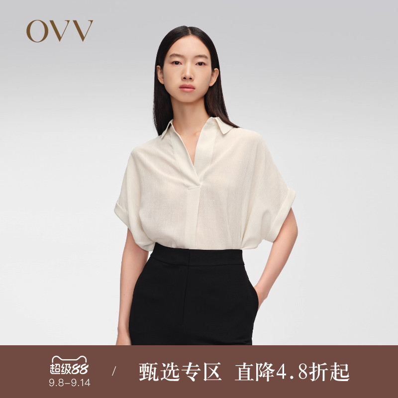 OVV春夏热卖女装日本进口三醋酸面料短袖翻领休闲衬衫