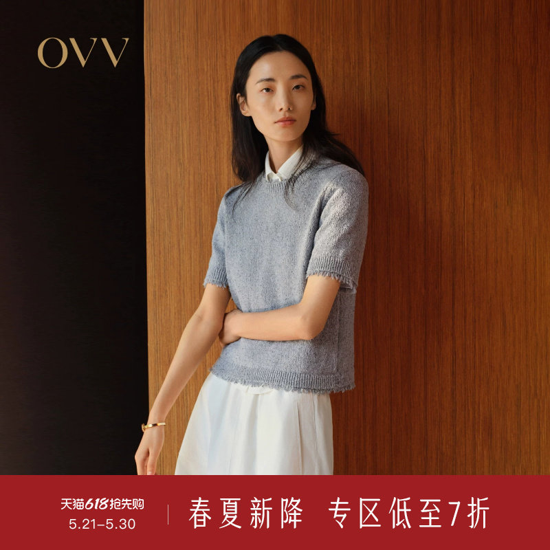 【经典粗花呢】OVV春夏新款女装淡人流苏圆领花纱短袖针织衫