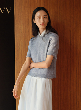 【经典粗花呢】OVV2025春夏新款女装淡人流苏圆领花纱短袖针织衫
