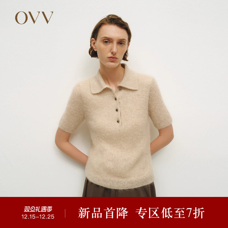 OVV秋冬热卖女装半开襟POLO领马海毛半透明短袖针织衫