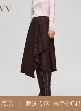 OVV秋冬新款女装千鸟格不规则下摆设计中长款休闲半身裙