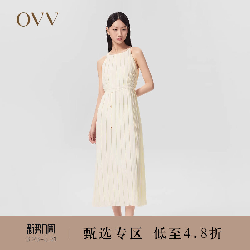OVV春夏热卖女装经典圆领哑光不规则飘逸百褶吊带连衣裙