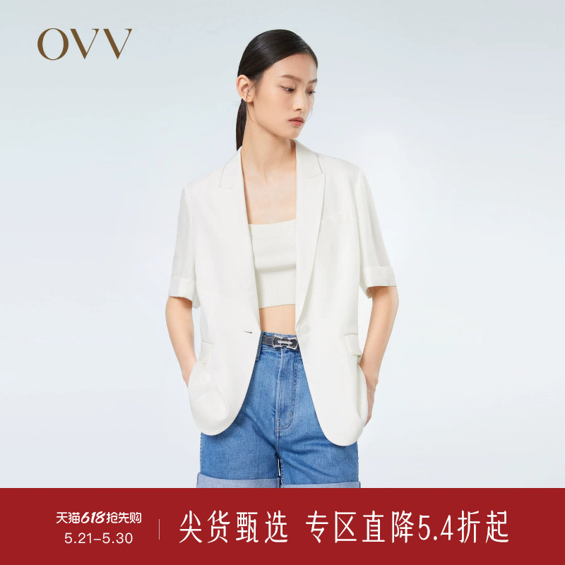 OVV春夏热卖女装醋酸仿麻时尚一粒扣休闲短袖套装西服外套