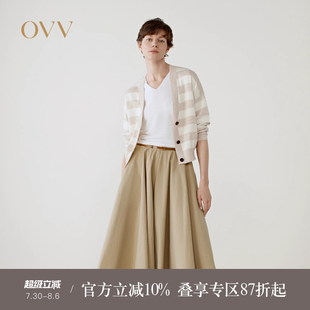 OVV2025春夏新款 女装 淡人优雅V领宽条纹长绒棉长袖 针织开衫