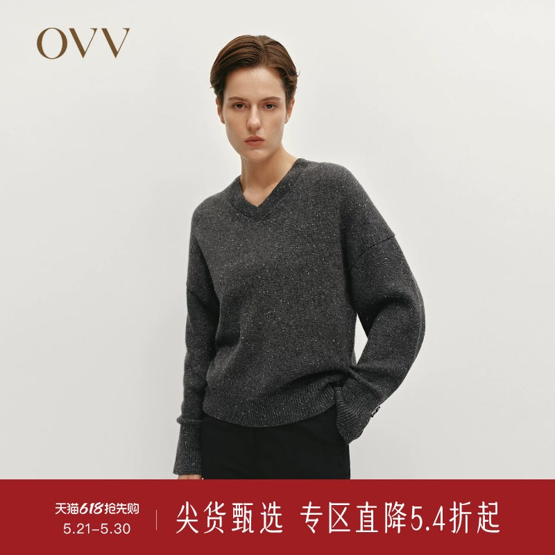 OVV秋冬热卖女装V领保暖时尚点子纱休闲长袖羊绒衫
