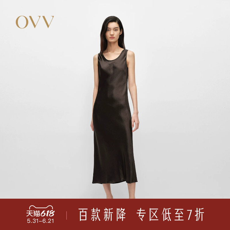 OVV春夏新款女装淡人简洁圆领醋酸缎面休闲吊带连衣裙