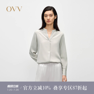 襯衫 OVV2025春夏新款 女裝 淡人22MM彈力重縐V型小立領(lǐng)桑蠶絲長袖