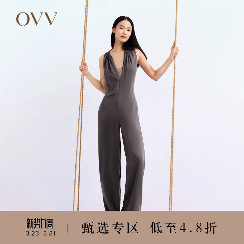 OVV春夏热卖女装醋酸舒适透气收腰无袖挂脖垂坠连体裤