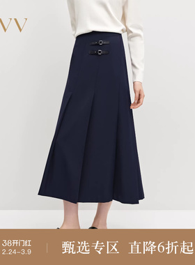 OVV秋冬热卖女装简约时髦斜向百褶皮袢装饰半身裙