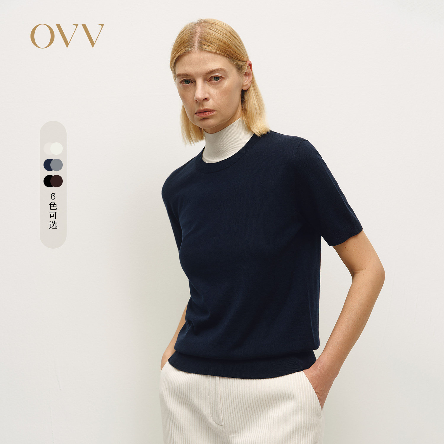 OVV秋冬新款女装多色简约宽松圆领羊毛短袖针织衫