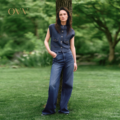 OVV2025秋冬新款女装意大利进口棉质面料中腰休闲阔腿裤