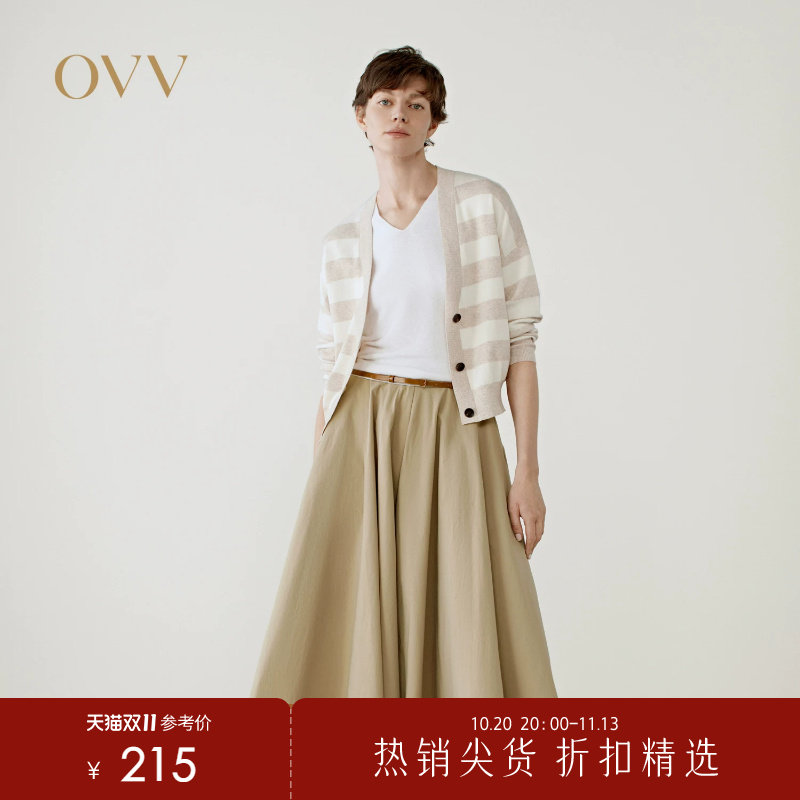 OVV春夏热卖女装淡人优雅V领宽条纹长绒棉长袖针织开衫