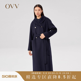 羊毛藏青净色双排扣长款 OVV秋冬热卖 大衣GWDAJ41110A