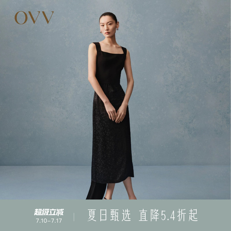 OVV春夏热卖女装方领宽肩带小黑裙优雅简约无袖连衣裙