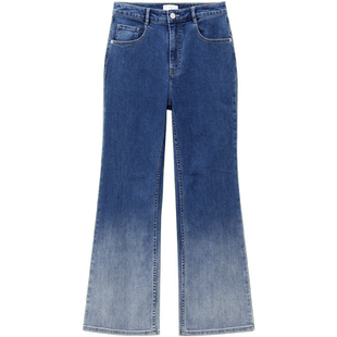 OVV秋冬新款女装意大利进口棉质面料高腰微喇渐变牛仔裤