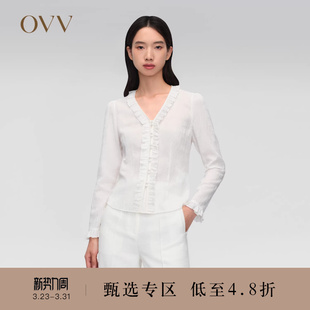衬衫 弹力丝棉混纺花边V领泡泡肌理长袖 女装 OVV春夏热卖