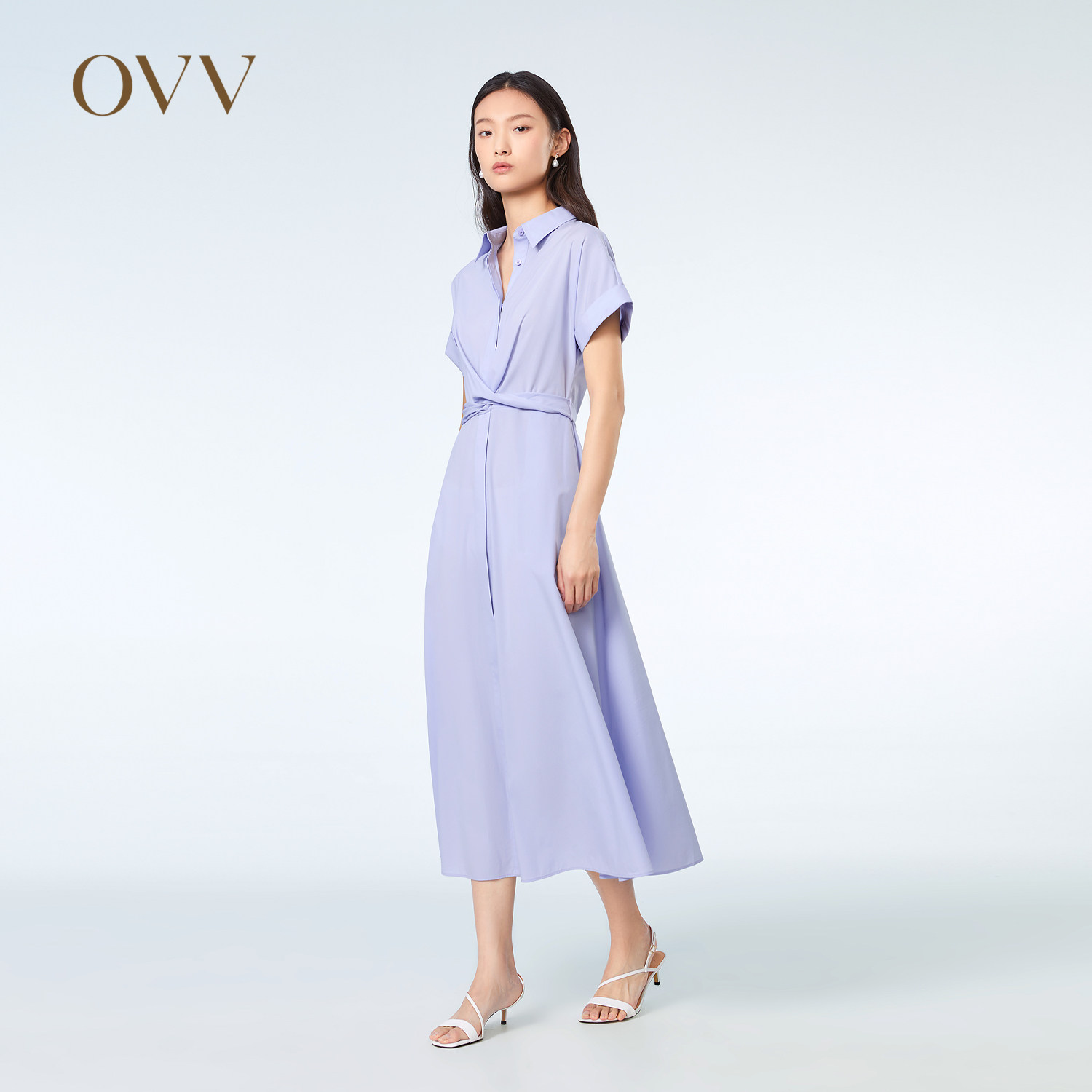 OVV春夏热卖女装丝棉混纺腰间飘带蝴蝶结A字型短袖连衣裙