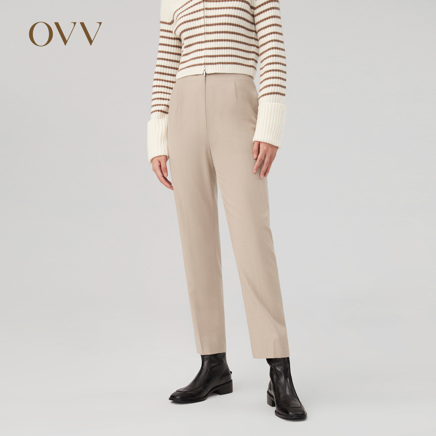 OVV秋冬新款女装后腰橡筋简洁利落羊毛套装西裤烟管裤子