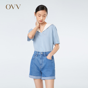 女装 OVV春夏热卖 元 气海军领条纹短袖 上衣 衬衫 重磅真丝