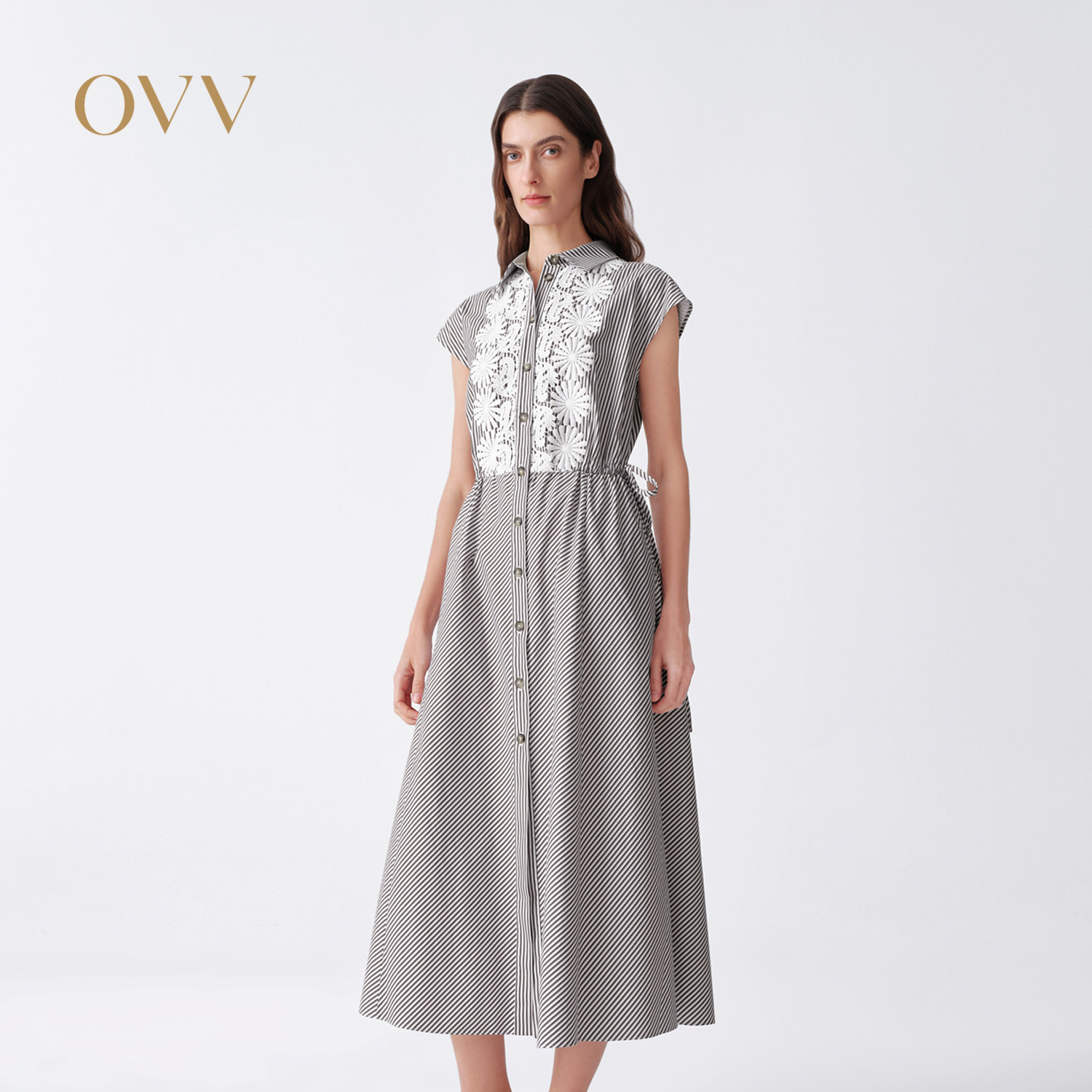 OVV2026春夏新款女装复古时尚条纹蕾丝拼接无袖连衣裙