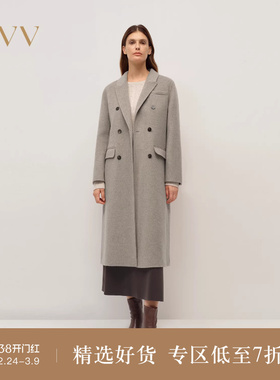 OVV2025秋冬新款女装羊毛混纺戗驳领复古双排扣长大衣