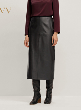 OVV2025秋冬新款女装高级优雅十字分割线中腰直筒半身皮裙