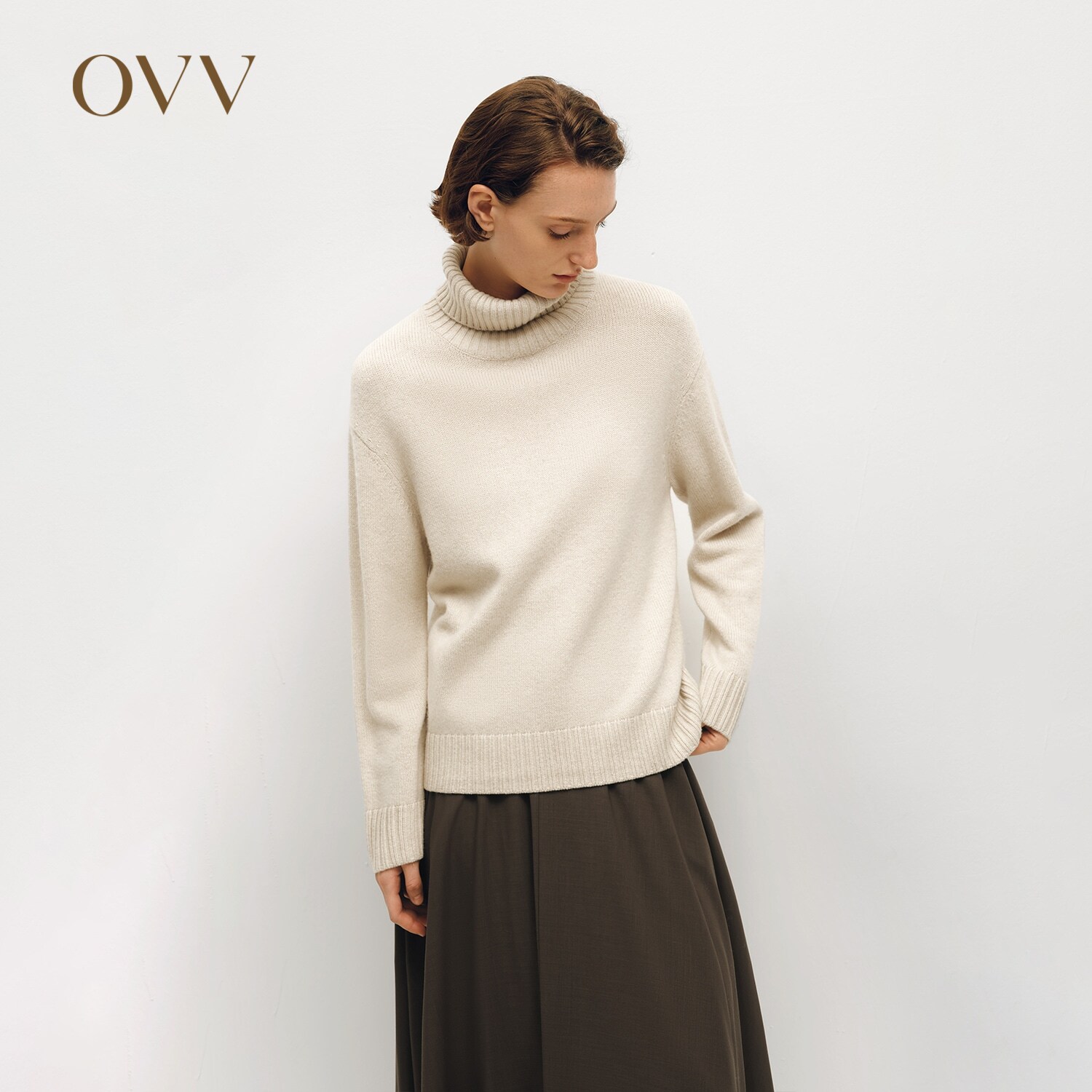 OVV秋冬热卖女装羊毛羊绒混纺可翻折高领舒适长袖针织衫